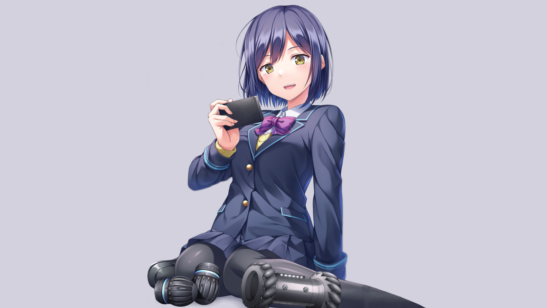 Anime-style 4K Ultra HD desktop wallpaper featuring Rin Shizuka, a blue-haired Virtual YouTuber in a school uniform with short hair, holding a game controller.