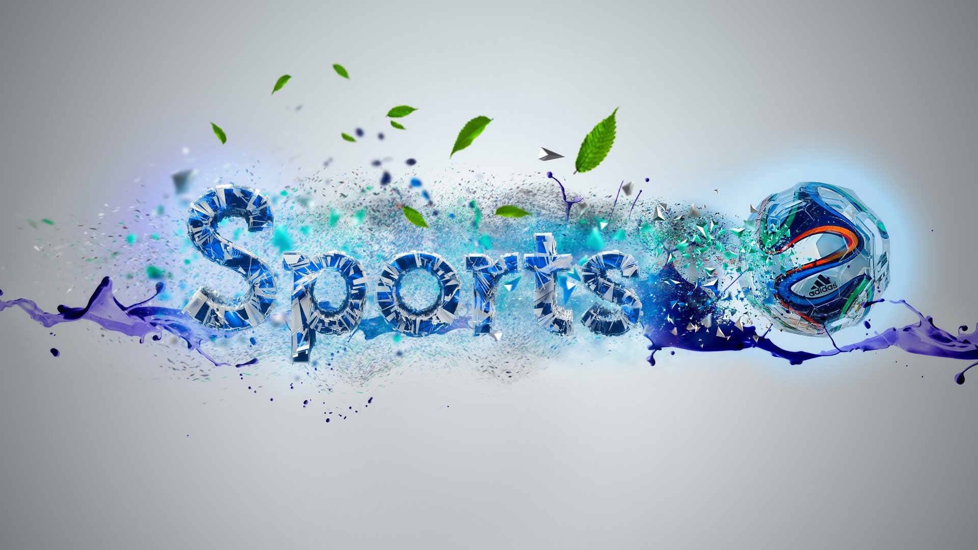 Vibrant 4K Ultra HD PC desktop wallpaper: shattered water/ice Sports text with exploding blue-green particles and a soccer ball motif, dynamic leaves and splashes on a light gray background.