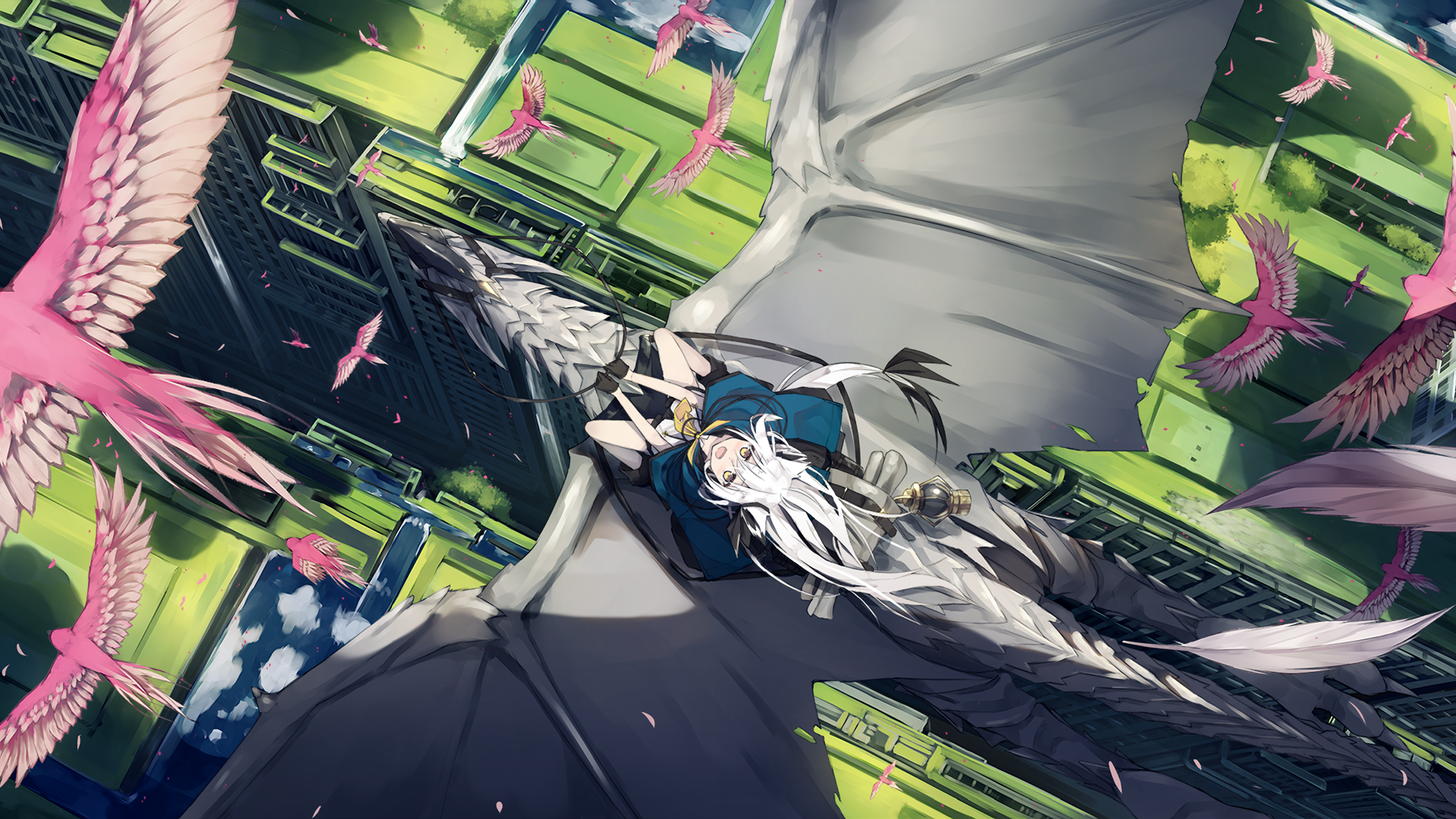 Anime-style HD PC desktop wallpaper featuring an original character with large wings soaring above a cityscape, surrounded by falling pink feathers.