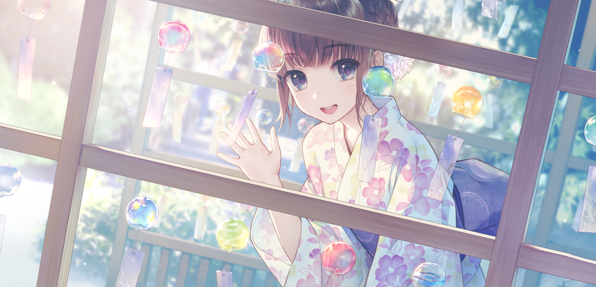 HD anime wallpaper featuring an original design of a girl in a floral kimono, smiling and waving behind a window with hanging decorations. Soft, colorful lighting creates a serene background ambiance.
