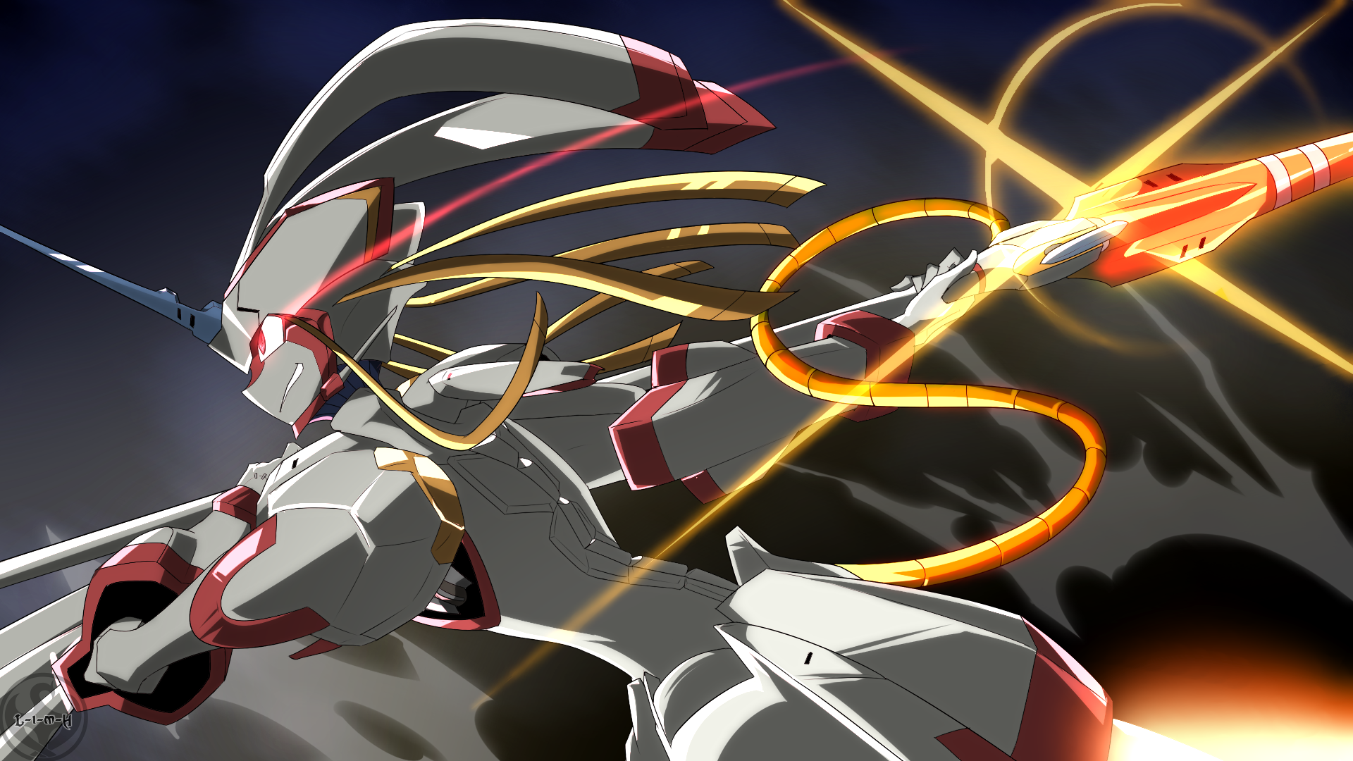 HD anime wallpaper featuring Strelizia from Darling in the FranXX, showcasing the mecha in dynamic action with glowing energy trails against a dramatic dark sky.