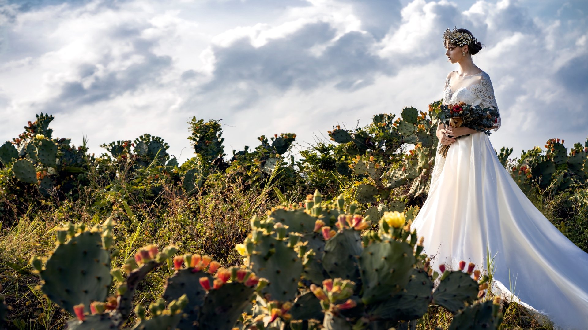 Brunette bride in a flowing white wedding dress stands amidst blooming cacti under a dramatic sky, captured in a 4K Ultra HD desktop wallpaper.