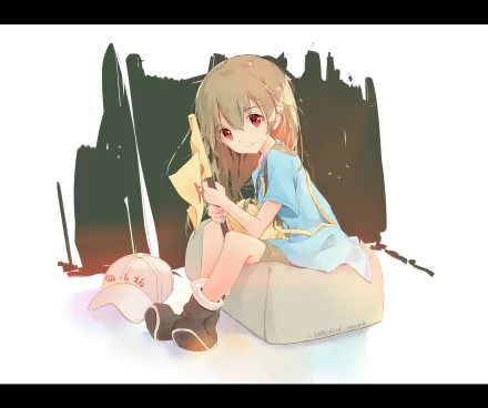 HD desktop wallpaper featuring Platelet from Cells at Work! anime. Platelet is sitting on a cushion, holding a flag, with a white cap with red text beside her, and an artistic background in soft colors.