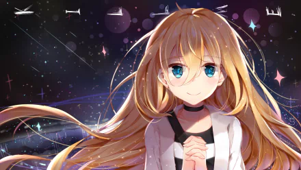 HD desktop wallpaper of Rachel Gardner from the anime Satsuriku no Tenshi (Angels of Death). Rachel is seen with long blonde hair and blue eyes, set against a starry background.