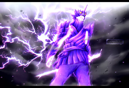 HD anime desktop wallpaper featuring Sasuke Uchiha’s Susanoo surrounded by vibrant lightning in a dramatic Naruto-themed scene.