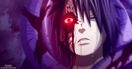 Anime HD wallpaper featuring Obito Uchiha from Naruto with purple hair, crying, blood on his face, and his Sharingan eye activated.