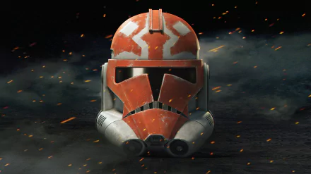 HD desktop wallpaper featuring a clone trooper helmet from the TV show Star Wars: The Clone Wars (2008), against a background with smoky effects and sparks.
