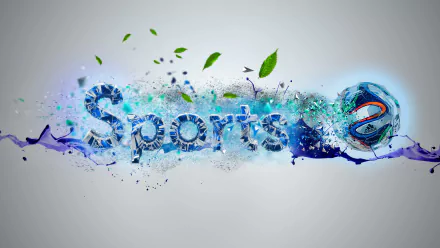 Vibrant 4K Ultra HD PC desktop wallpaper: shattered water/ice Sports text with exploding blue-green particles and a soccer ball motif, dynamic leaves and splashes on a light gray background.