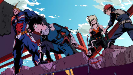 HD desktop wallpaper featuring Izuku Midoriya, Katsuki Bakugou, Shoto Todoroki, and All Might from the anime My Hero Academia, standing on rubble under a bright blue sky.