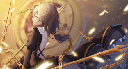 HD wallpaper of Theresa Apocalypse from the anime Benghuai Xueyuan, featuring a dynamic and mystical scene with chains, glowing elements, and a clock in the background.