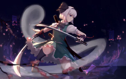 HD anime wallpaper featuring Youmu Konpaku from Touhou, poised with her sword in a dynamic action scene against a dark, glowing city backdrop.