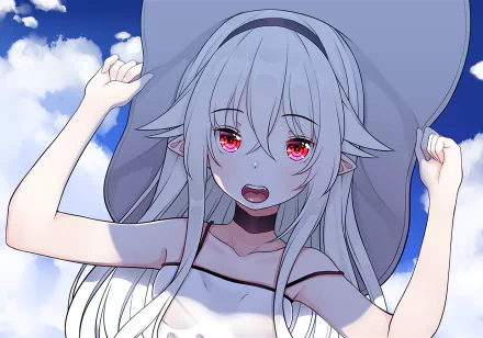 Anime-style original HD desktop wallpaper featuring a silver-haired girl with red eyes and a wide-brimmed hat against a bright blue sky with clouds.