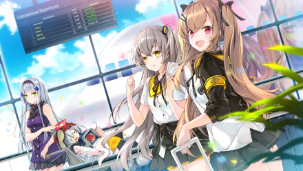 HD desktop wallpaper featuring UMP9, UMP45, HK416, and G11 from the video game Girls' Frontline, showcasing vividly detailed characters in a vibrant setting.