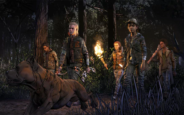 HD PC desktop wallpaper from The Walking Dead: The Final Season video game featuring Clementine and her group with a dog in a dark forest setting.