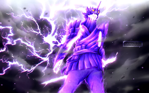 HD anime desktop wallpaper featuring Sasuke Uchiha’s Susanoo surrounded by vibrant lightning in a dramatic Naruto-themed scene.