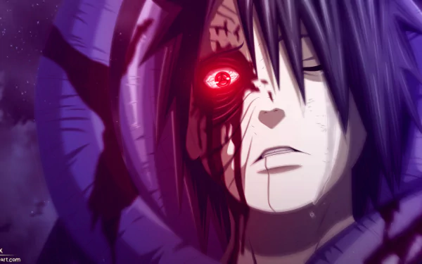 Anime HD wallpaper featuring Obito Uchiha from Naruto with purple hair, crying, blood on his face, and his Sharingan eye activated.