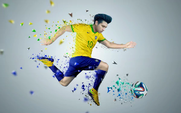 Dynamic Photoshop-style 4K Ultra HD PC desktop wallpaper and background: a male soccer player in yellow and blue fragmenting into colorful particles as he leaps to kick a ball, high-energy sports action.