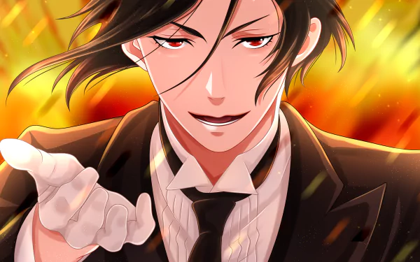 HD desktop wallpaper featuring Sebastian Michaelis from the anime Black Butler, with a dynamic background highlighted by warm, vibrant colors.
