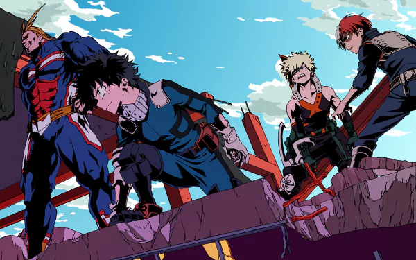 HD desktop wallpaper featuring Izuku Midoriya, Katsuki Bakugou, Shoto Todoroki, and All Might from the anime My Hero Academia, standing on rubble under a bright blue sky.