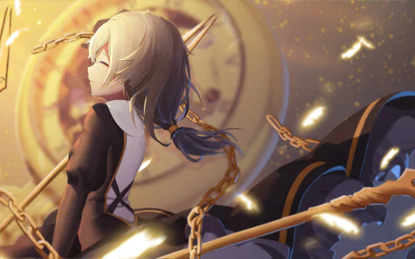 HD wallpaper of Theresa Apocalypse from the anime Benghuai Xueyuan, featuring a dynamic and mystical scene with chains, glowing elements, and a clock in the background.