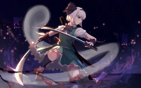 HD anime wallpaper featuring Youmu Konpaku from Touhou, poised with her sword in a dynamic action scene against a dark, glowing city backdrop.