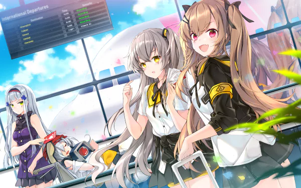 HD desktop wallpaper featuring UMP9, UMP45, HK416, and G11 from the video game Girls' Frontline, showcasing vividly detailed characters in a vibrant setting.