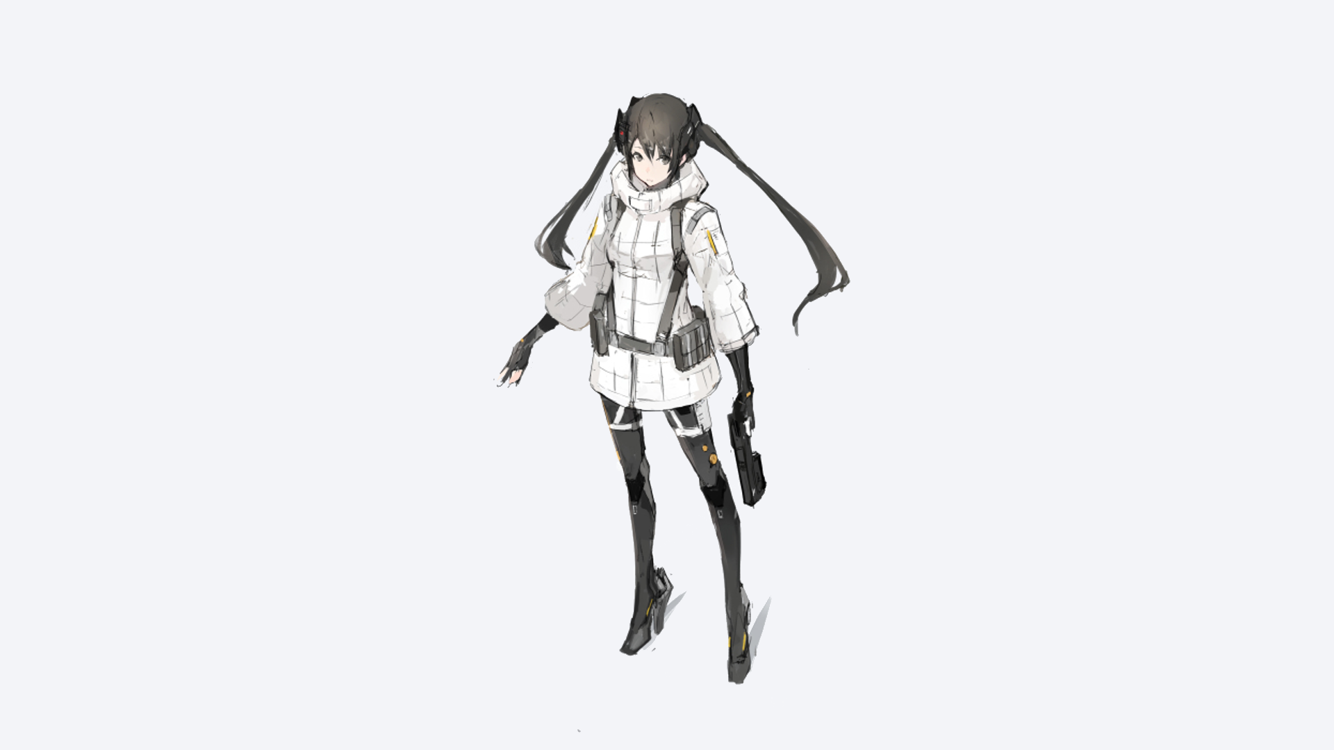 HD PC desktop wallpaper: original anime girl with black hair in long twin tails, black eyes, wearing white jacket and thigh-high boots, dual-wielding guns on a pale background.