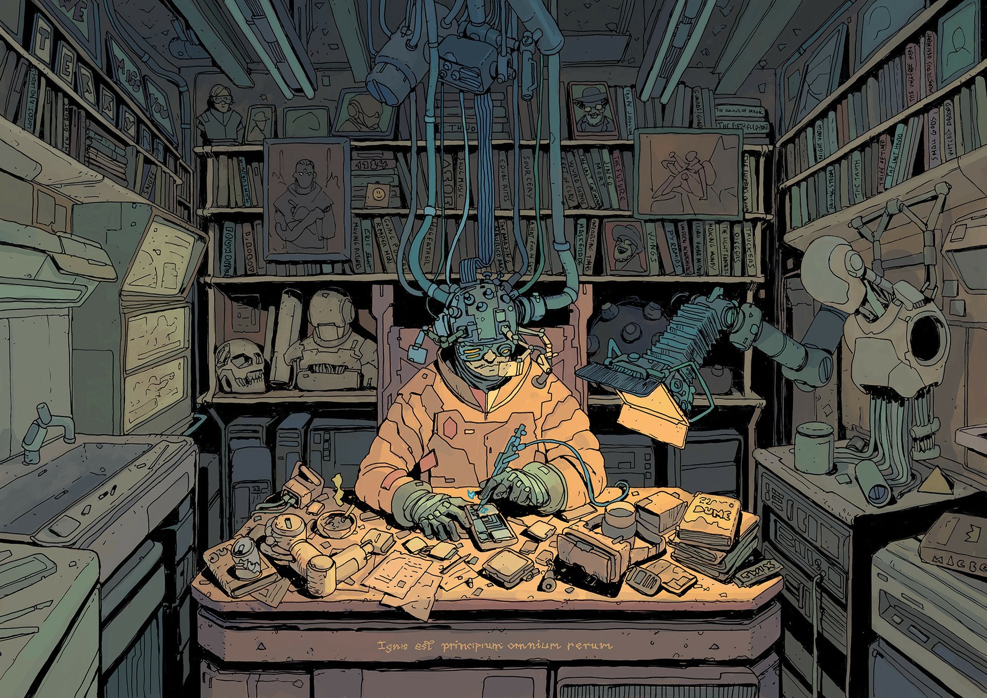 Futuristic cyberpunk illustration of a figure with cybernetic enhancements working at a cluttered desk in a dimly lit room, detailed with books and mechanical parts.