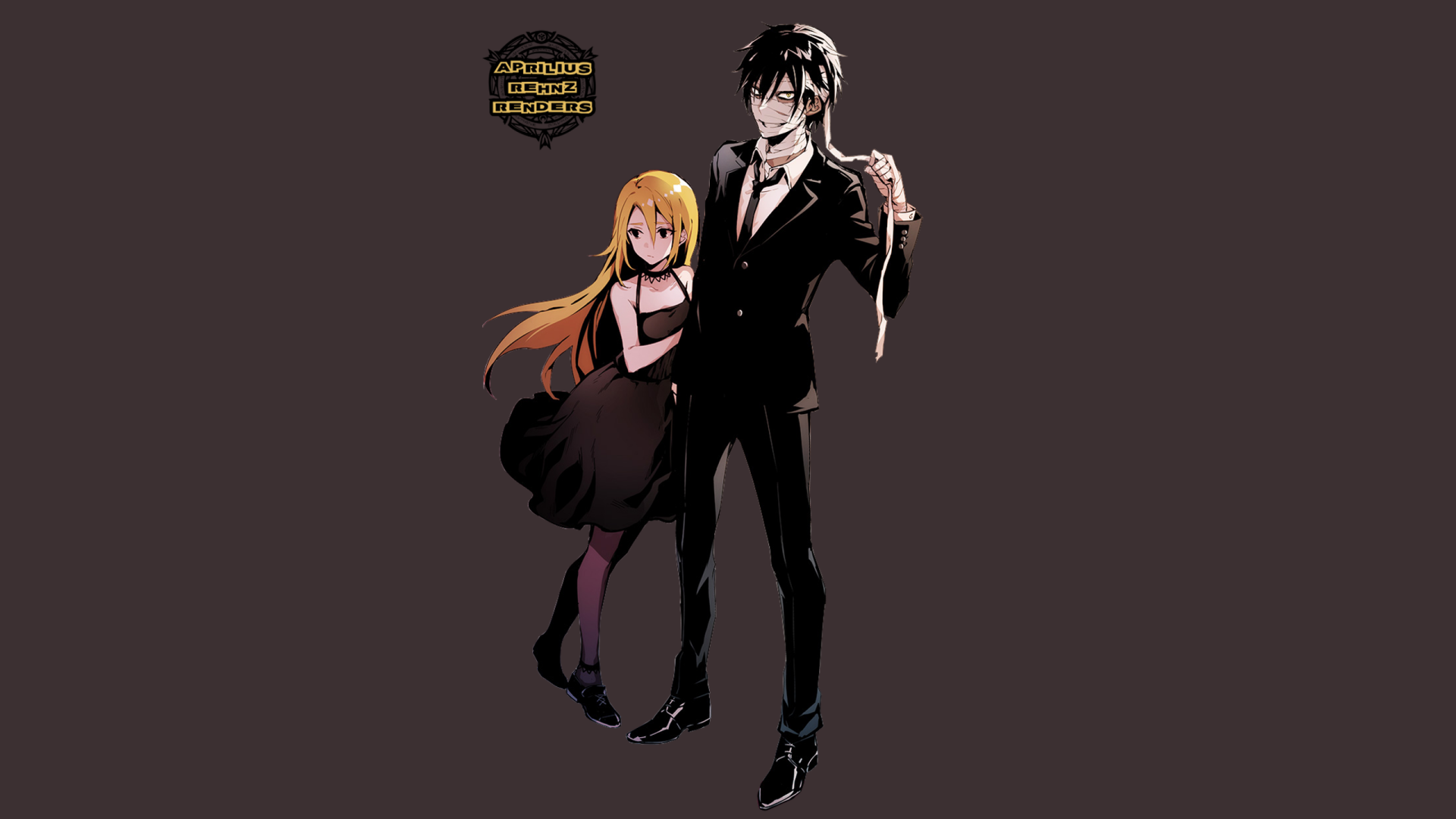 HD anime desktop wallpaper featuring Rachel Gardner and Zack from Angels of Death standing together against a dark background.