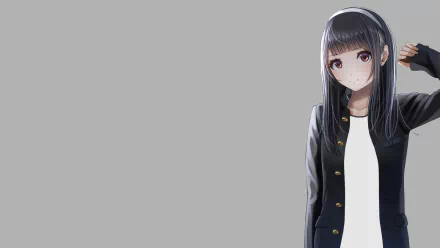 HD anime desktop wallpaper featuring an original character with long black hair in a school uniform against a plain gray background.