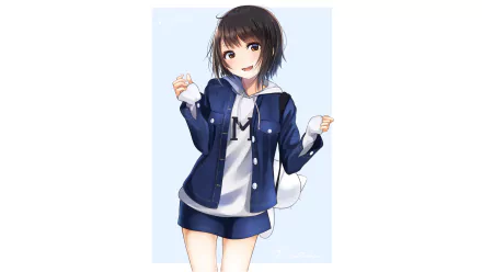 Anime-style HD desktop wallpaper featuring a smiling girl with short black hair, black eyes, wearing a navy jacket and skirt, showcasing original character design.