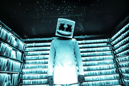 HD desktop wallpaper featuring DJ Marshmello standing in a room with shelves of records and illuminated in blue light.
