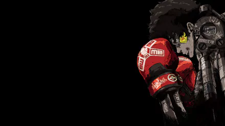 HD desktop wallpaper featuring Joe from the anime Megalo Box, wearing red boxing gloves and mechanical gear, with a determined look on a dark background.