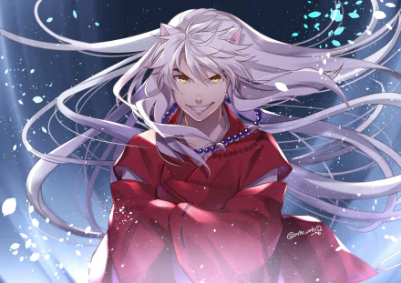 HD anime desktop wallpaper featuring InuYasha with flowing white hair and red attire, set against a dark, glowing background.