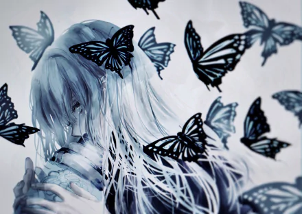An anime character with long grey hair and grey eyes surrounded by black butterflies, depicted in an HD desktop wallpaper and background.