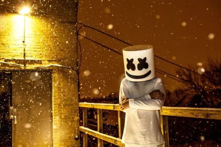 Marshmello, the DJ, stands outside under a softly lit snowy night, arms crossed. This HD desktop wallpaper captures the iconic music artist in a serene winter scene.