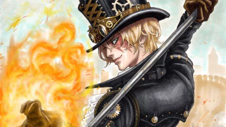 Sabo from One Piece anime wields a pipe with flames swirling around his hand in this detailed 4K Ultra HD PC desktop wallpaper.