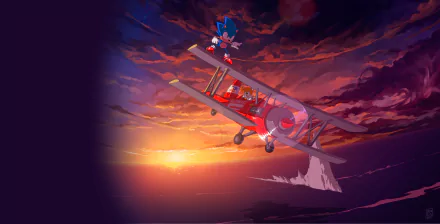 Classic Sonic and Miles Tails Prower fly a vintage biplane against a vibrant sunset sky in this HD PC desktop wallpaper from the Sonic the Hedgehog video game series.