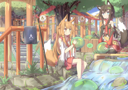 Fantasy anime scene featuring two original characters by a stream in a vibrant, detailed outdoor setting, designed as an HD PC desktop wallpaper and background.