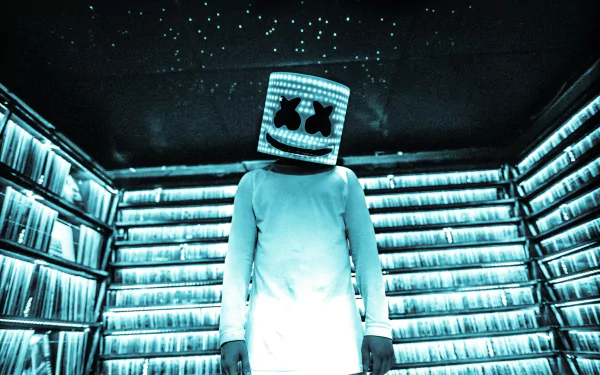 HD desktop wallpaper featuring DJ Marshmello standing in a room with shelves of records and illuminated in blue light.