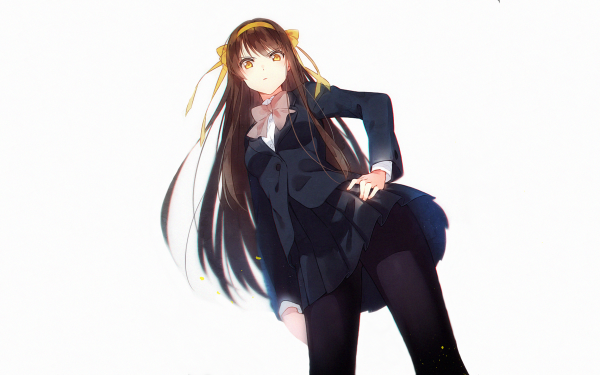 Anime The Melancholy Of Haruhi Suzumiya Haruhi Suzumiya School Uniform Brown Hair Long Hair Yellow Eyes HD Wallpaper | Background Image
