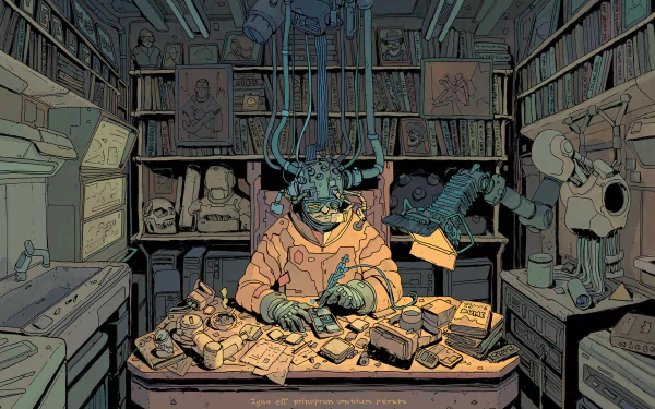 Futuristic cyberpunk illustration of a figure with cybernetic enhancements working at a cluttered desk in a dimly lit room, detailed with books and mechanical parts.