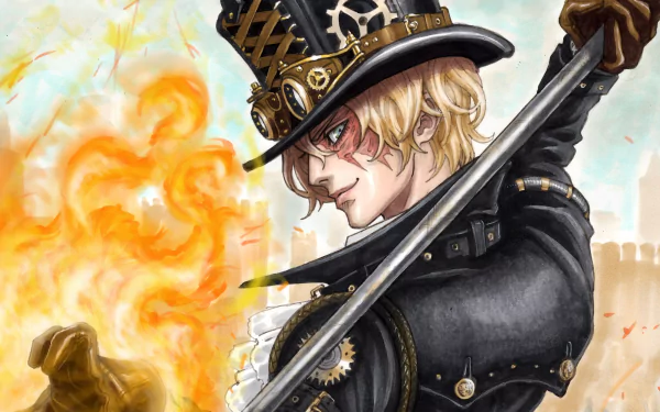 Sabo from One Piece anime wields a pipe with flames swirling around his hand in this detailed 4K Ultra HD PC desktop wallpaper.