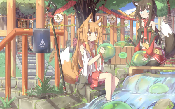 Fantasy anime scene featuring two original characters by a stream in a vibrant, detailed outdoor setting, designed as an HD PC desktop wallpaper and background.