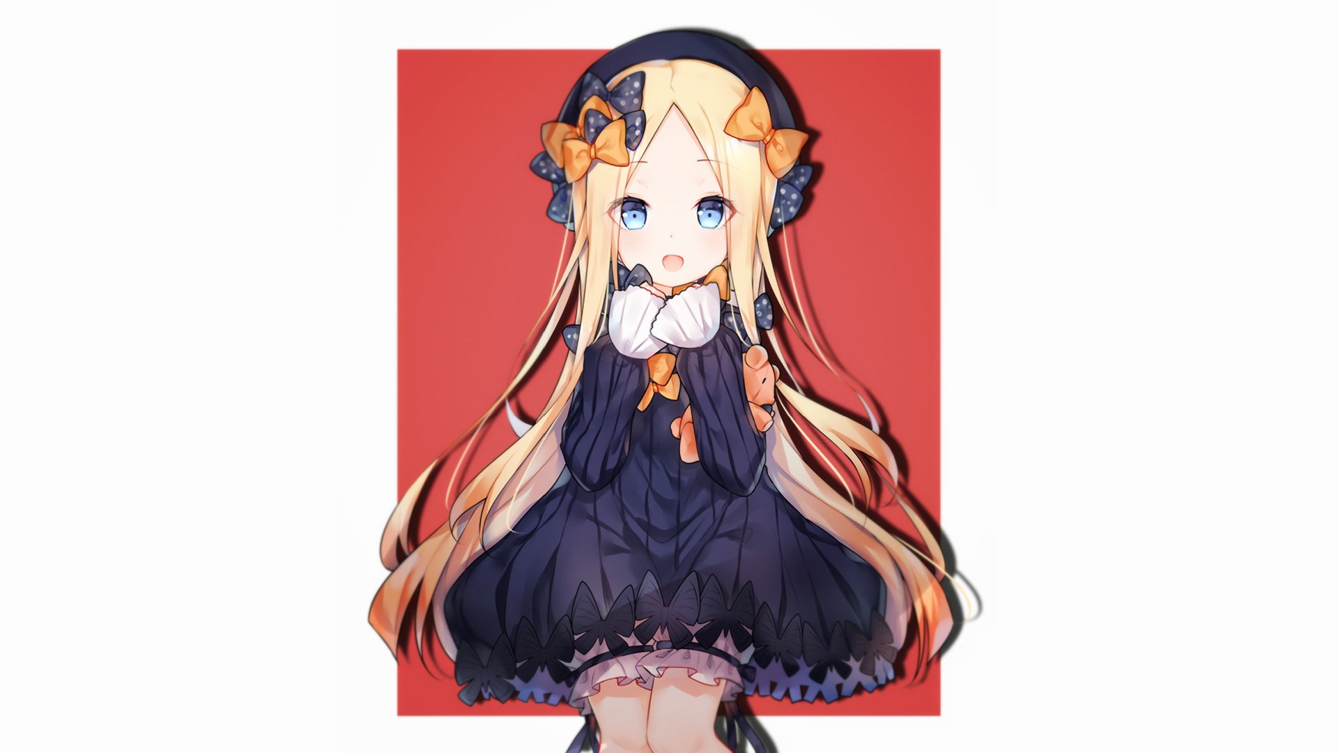 HD PC desktop wallpaper featuring Abigail Williams from Fate/Grand Order in anime style, showcasing her long blonde hair and dark, elegant outfit against a red background.