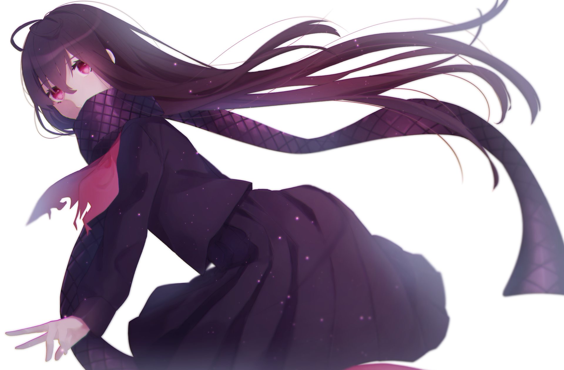 Oryou (Fate/KOHA-ACE) from Fate/Grand Order — anime 2K Quad HD PC desktop wallpaper: long dark hair, red eyes, flowing purple scarf and school uniform against a white background.