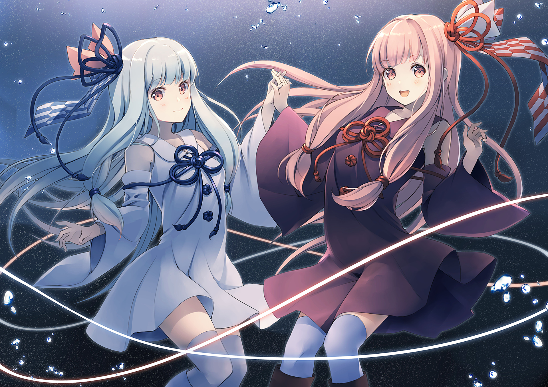 HD PC desktop wallpaper of Vocaloid characters Kotonoha Aoi and Kotonoha Akane: pastel-blue and pink-haired anime girls holding hands amid glowing ribbons and a starry background.