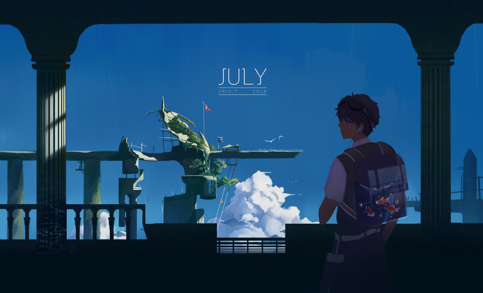 An 8K Ultra HD anime-style wallpaper featuring a short-haired brown-haired character with blue eyes, goggles, and earbuds, standing by a balcony with a bird and fish-themed bag.