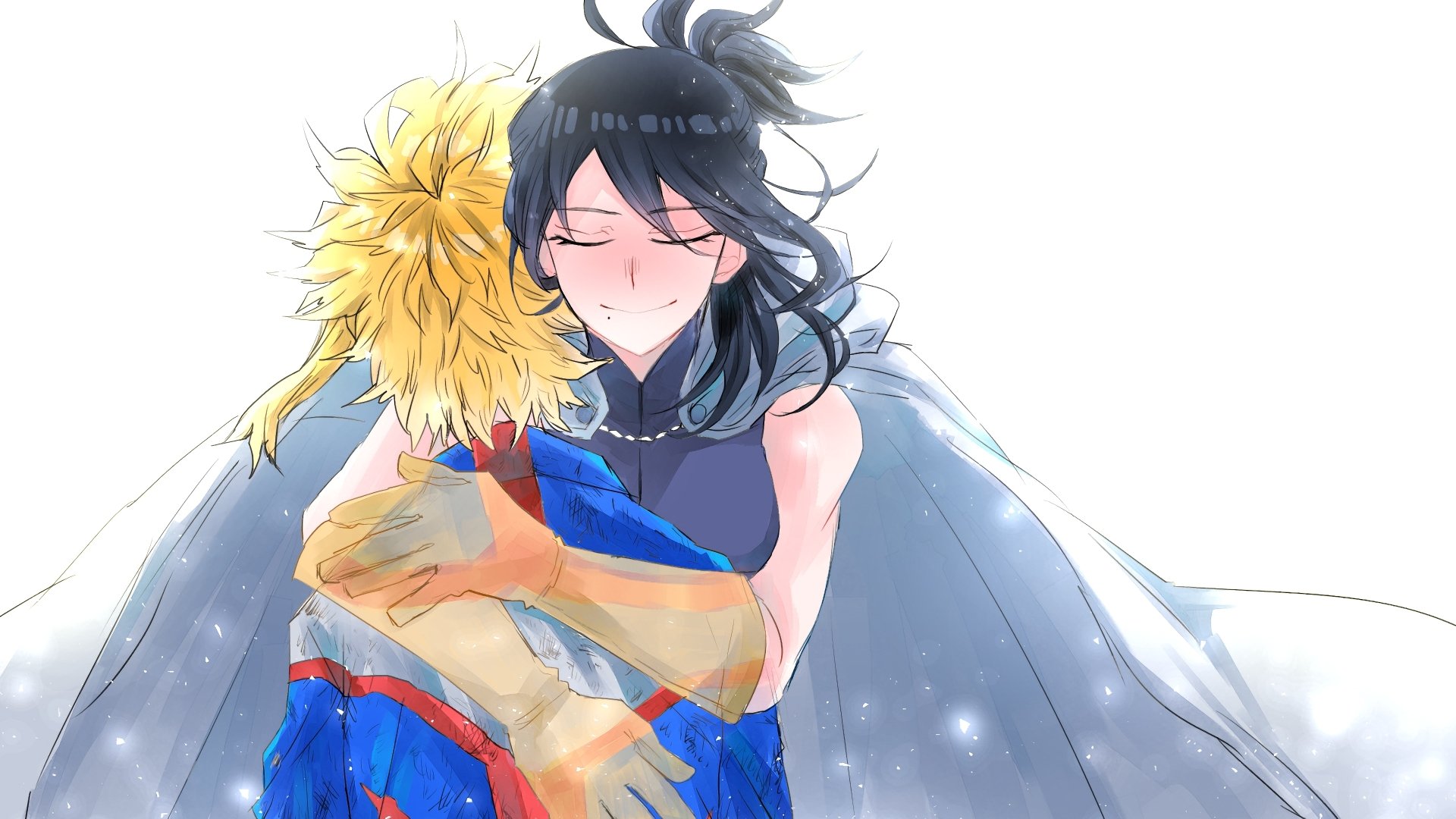 Anime wallpaper featuring Nana Shimura and All Might from My Hero Academia, showing a touching hug. Nana has black hair and a cape, while All Might sports blonde hair and gloves, both smiling warmly.