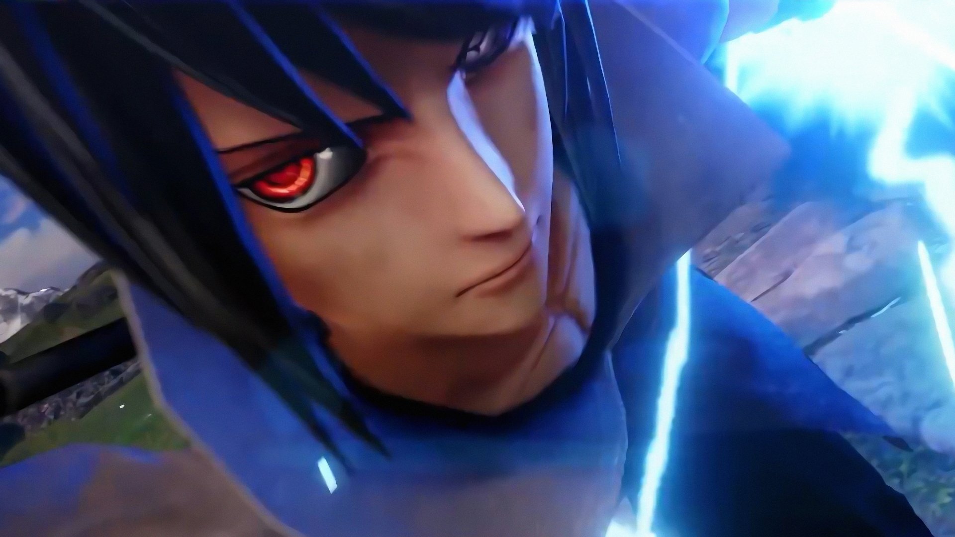 Close-up of Sasuke Uchiha from the video game Jump Force, red Sharingan and blue lightning around his face — 4K Ultra HD PC desktop wallpaper.